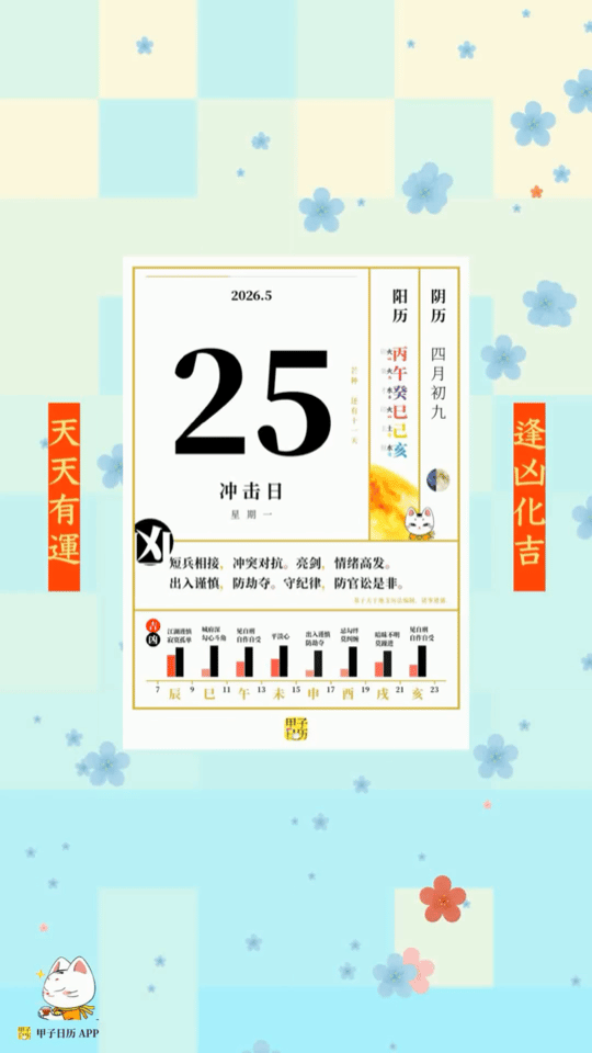 甲子日历 5 月 25 日，冲击日。短兵相接，冲突对抗。亮剑，情绪高发。📆 星