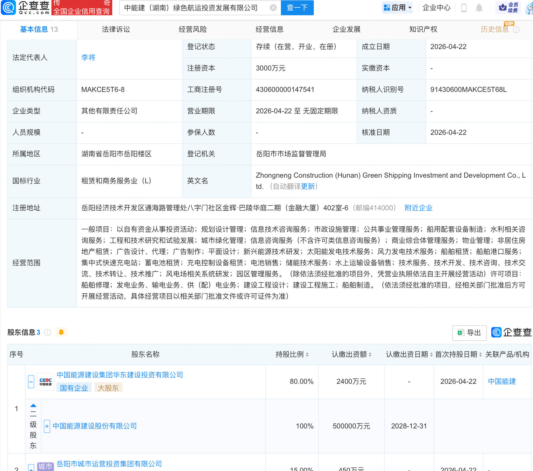 中国能建等在湖南成立绿色航运投资发展公司