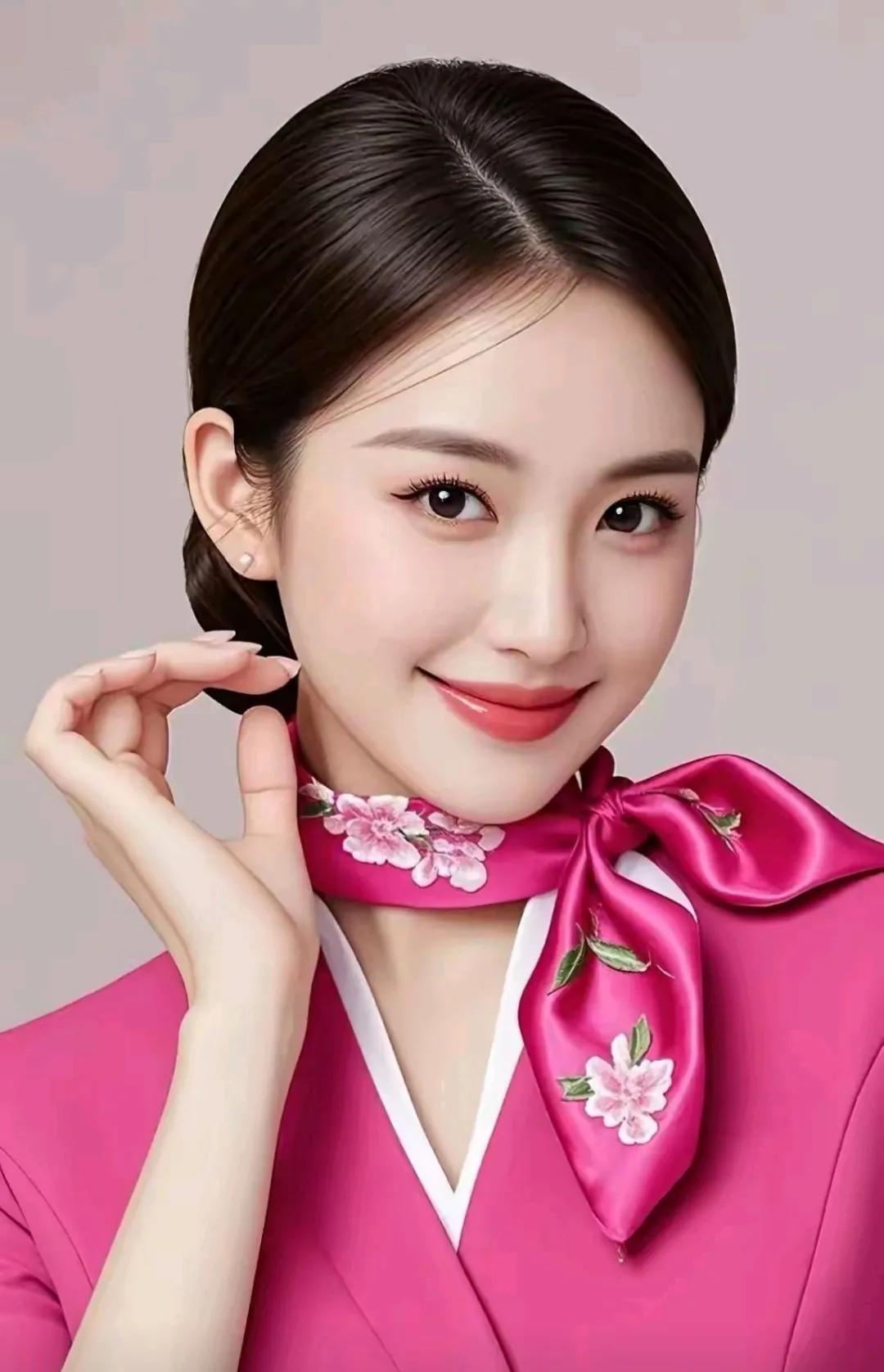 甜美空姐风，粉色花边领巾，温柔微笑，元气满满！