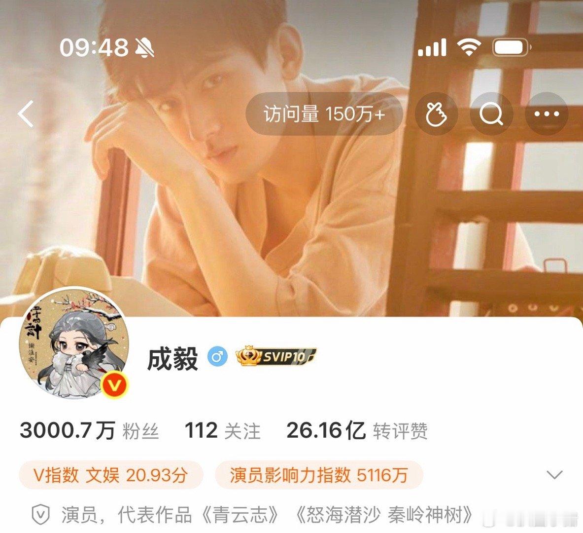 恭喜成毅个人微博粉丝突破3000万！吸粉能力超强