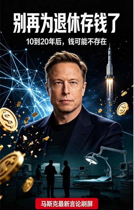 《马斯克一句话让全网破防：别存退休金了，20年后钱这玩意儿可能不存在了》

全球