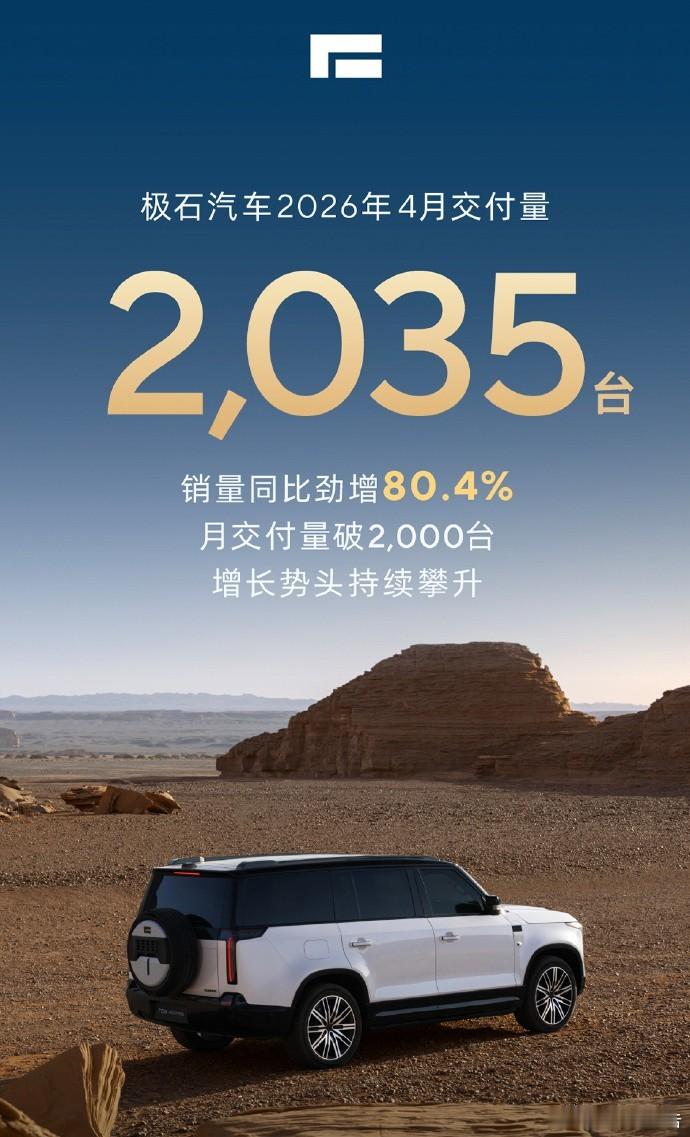 极石汽车4月交付2035台极石汽车依旧月末压轴公布成绩，4月新车交付2035台，