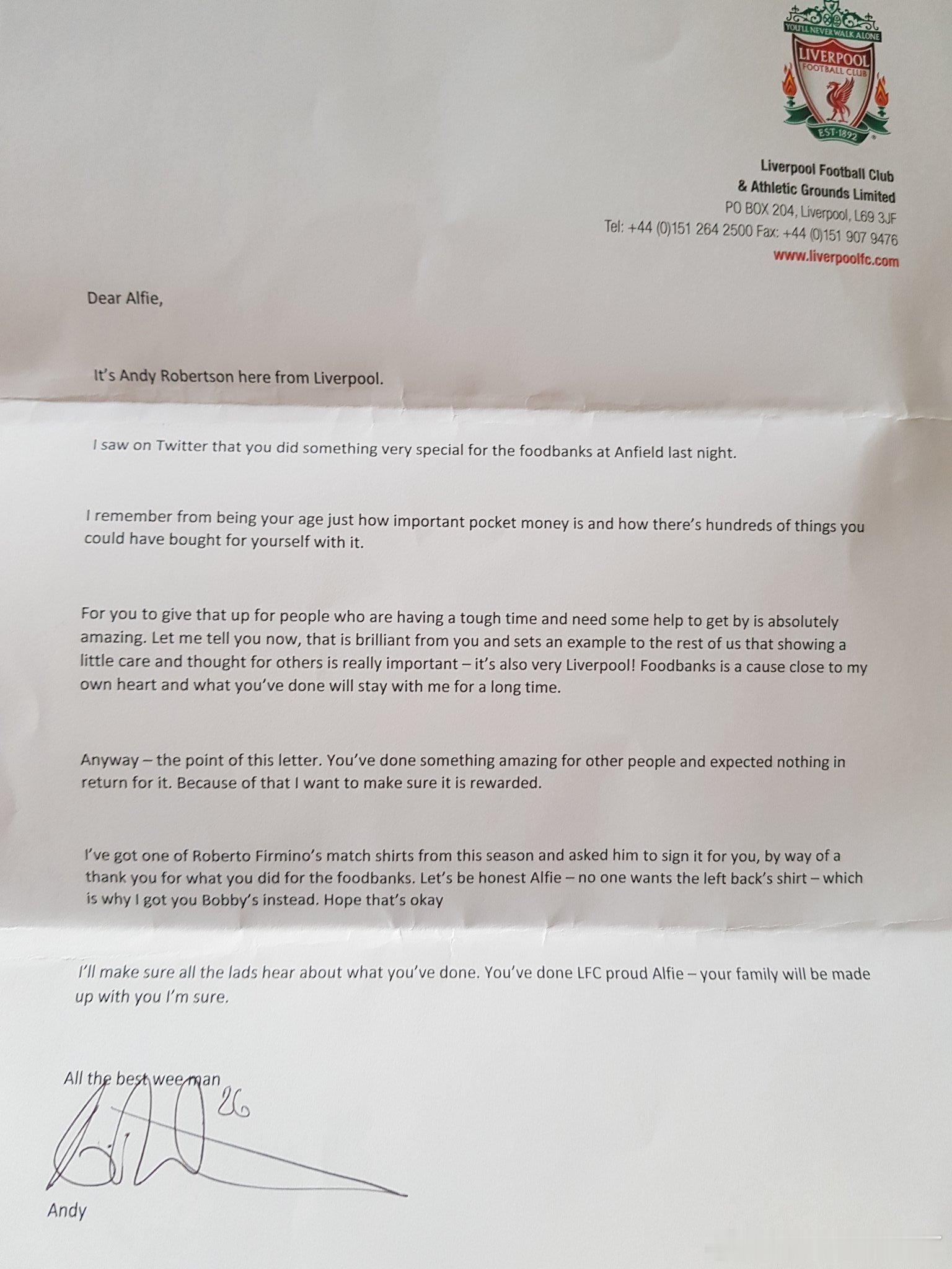 谁不想要一件左后卫的球衣的源头7年前，罗伯逊曾给一位为安菲尔德食物银行捐款的小朋