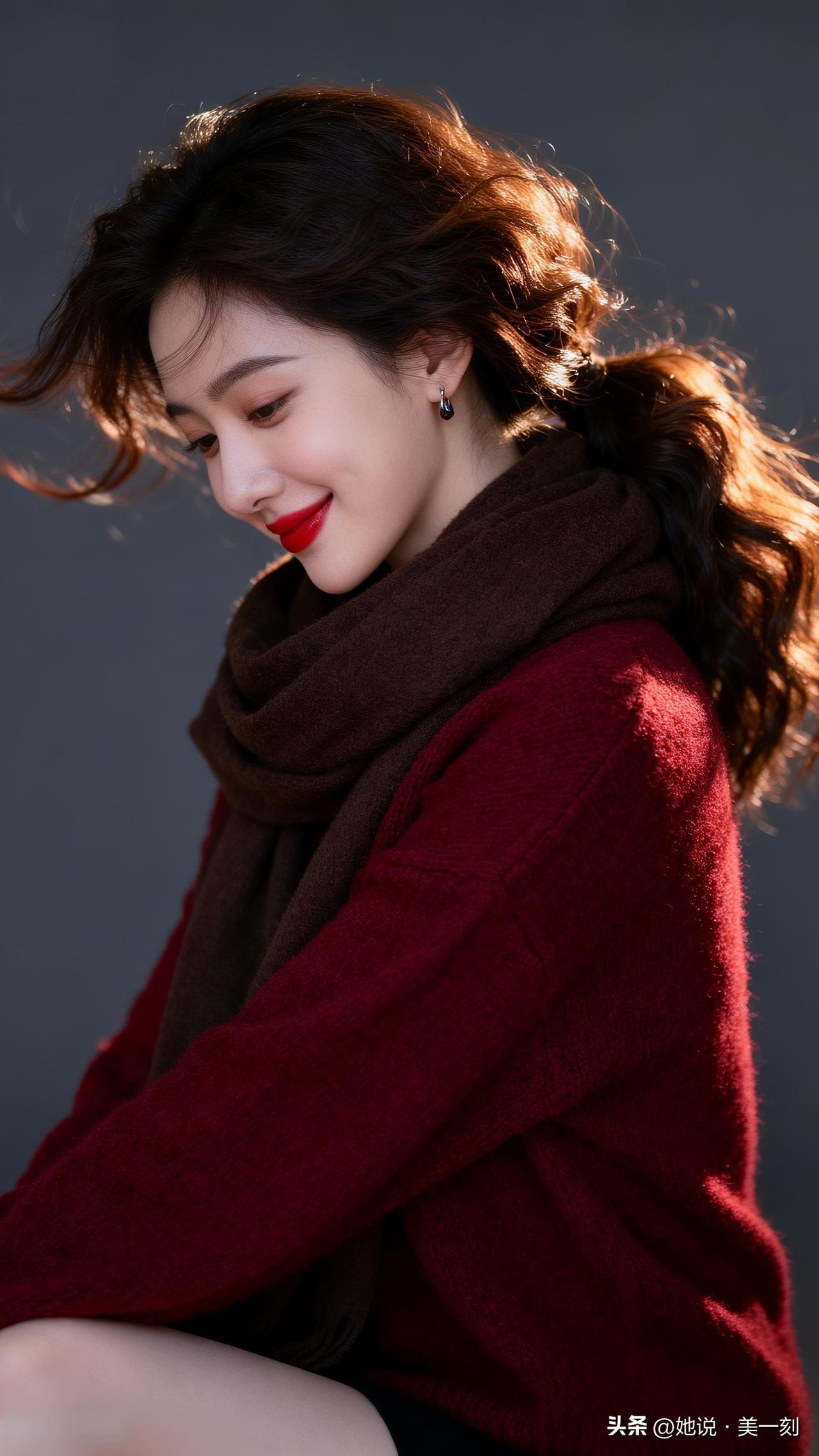 冬日暖阳下的甜美笑容，红唇与酒红色毛衣的完美搭配，温暖又迷人。晒出女性魅力