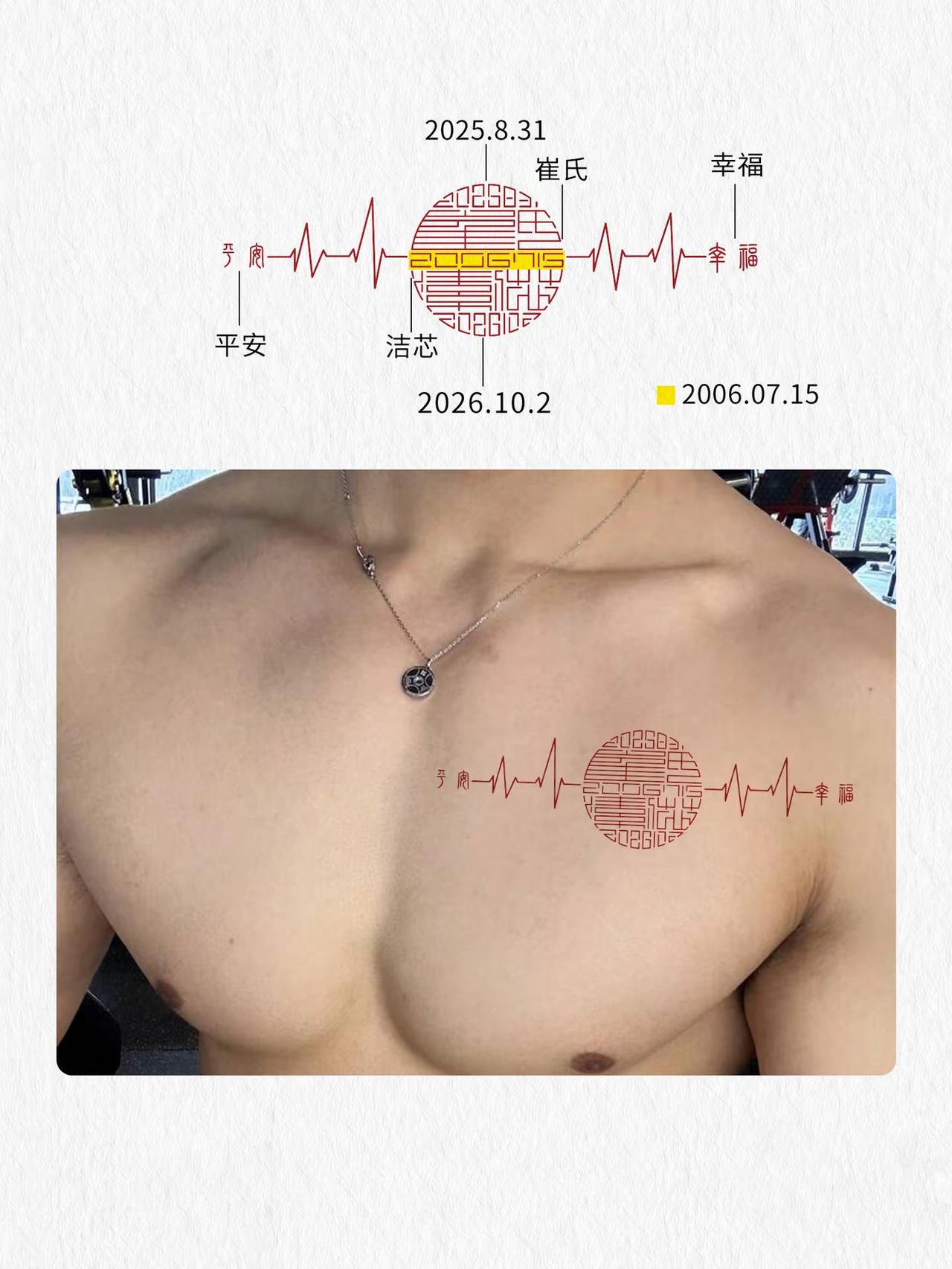 自己和爱人的名字加重要日期设计的图纹胸口。纹身 纹身设计 情感 tattoo