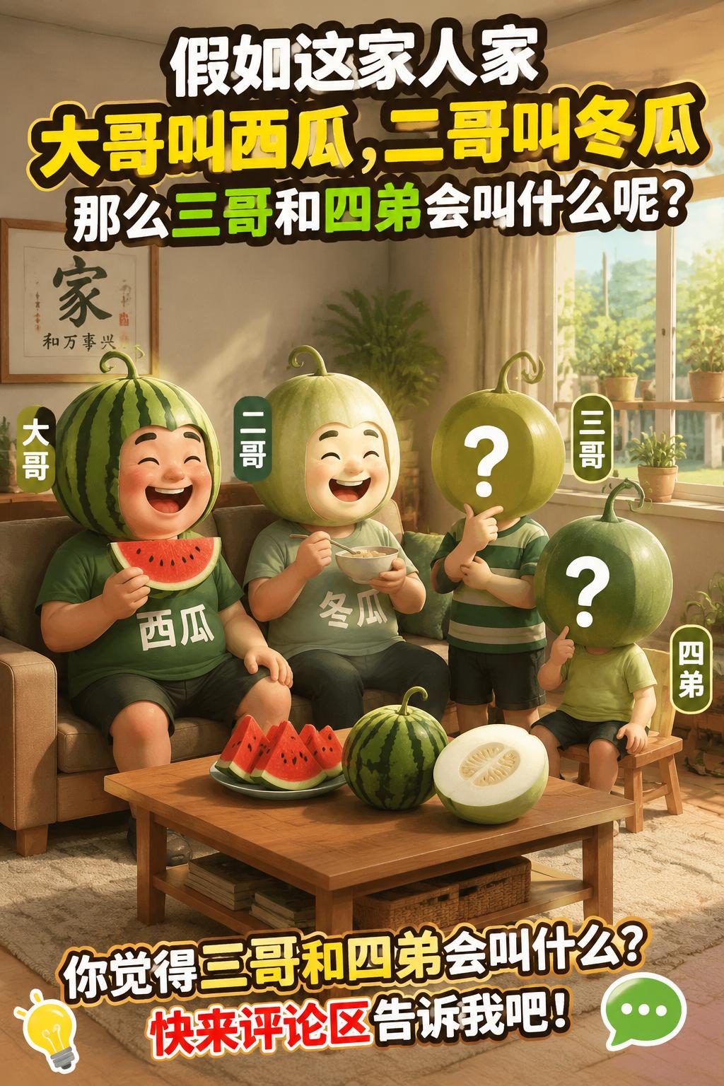 假如这家人家大哥叫西瓜，二哥叫冬瓜。那么三哥和四弟会叫什么呢？