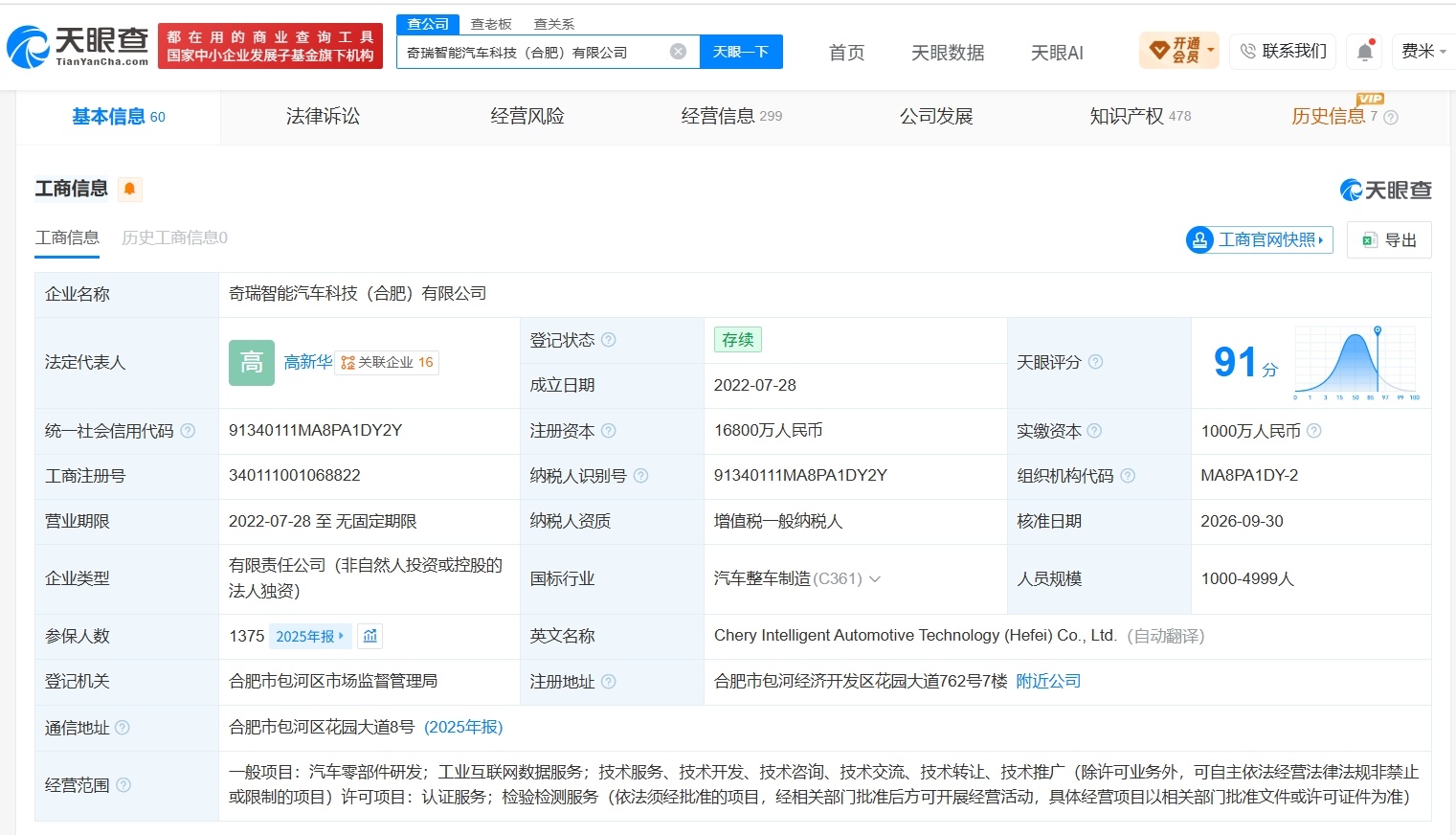 【奇瑞汽车旗下合肥智能科技公司增资至1.68亿 增幅1580%】财报研究社Pro