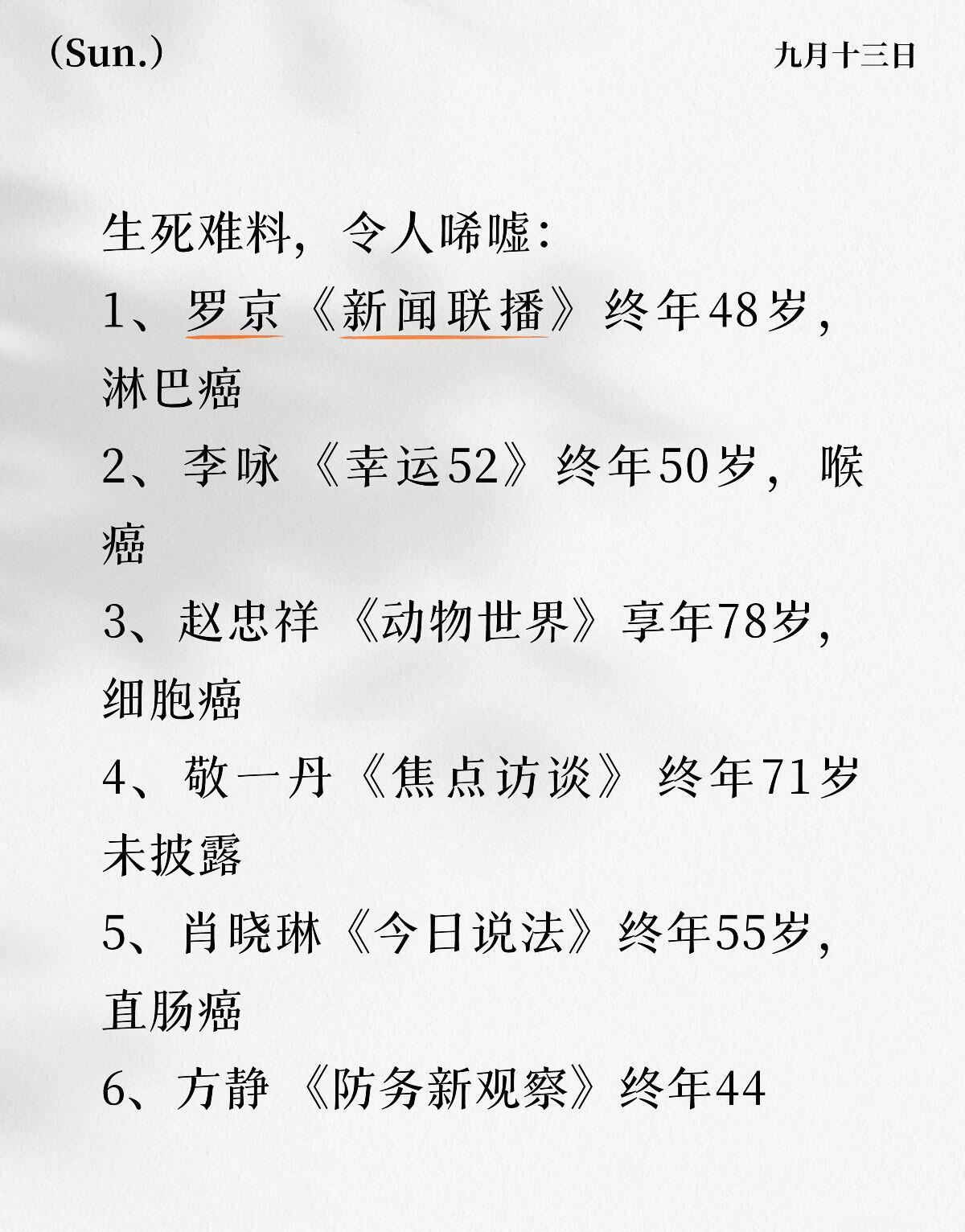 央视舞台留下过无数熟悉的面孔，不少主持人都被重病击倒。

罗京、李咏先后被淋巴癌