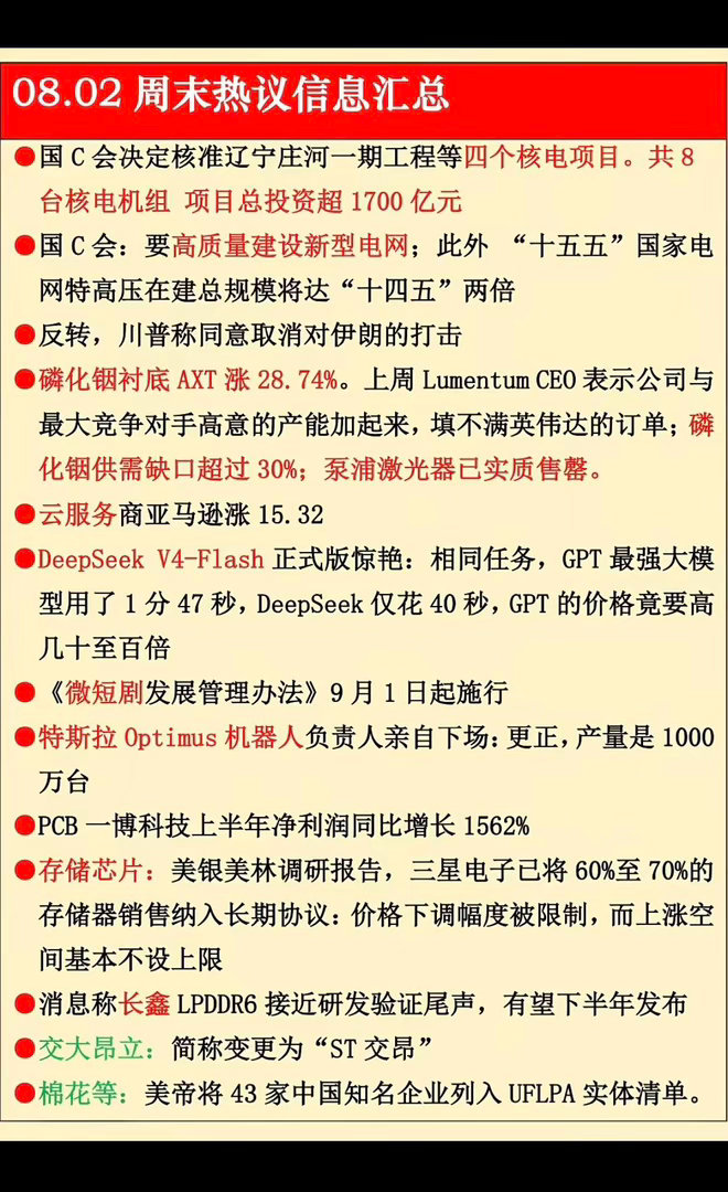 8.02周日  晚间：财经热点信息参考！1.核电核能2.磷化铟衬底3.云服务4.
