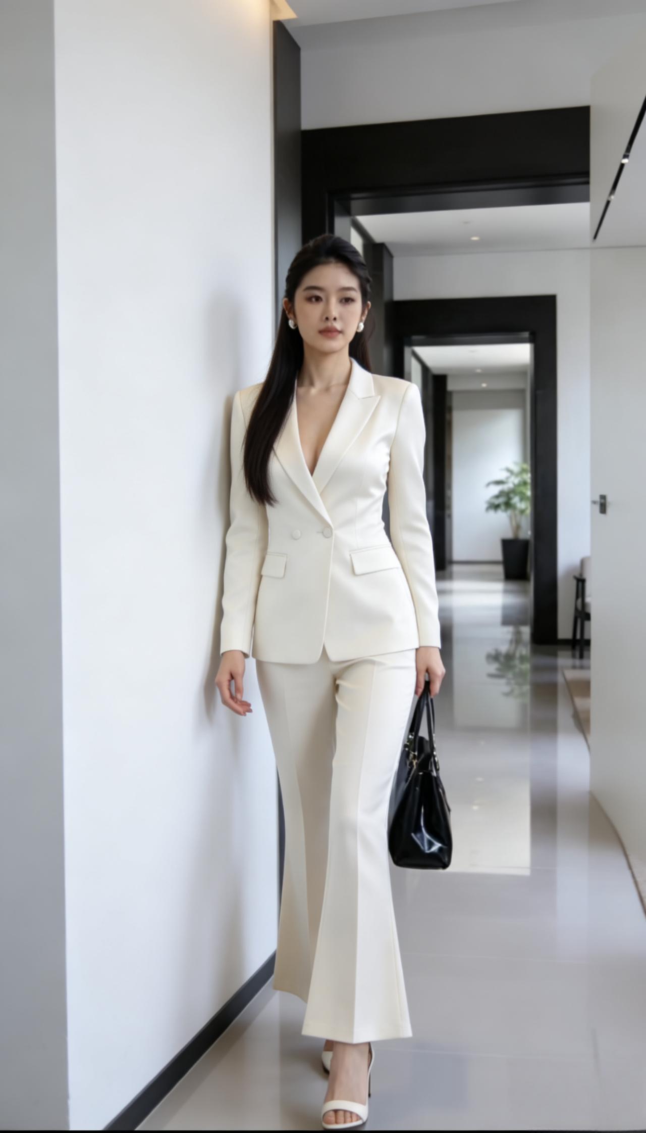 什么样的穿搭可以成为气质女神?
米白色西装套装，
柔和衬得气质温婉，
微喇裤型修