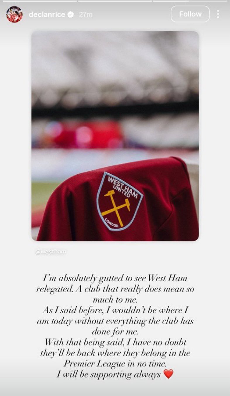 西汉姆联博主UberWestHam：德克兰·赖斯热爱西汉姆联，并且对我们始终充满