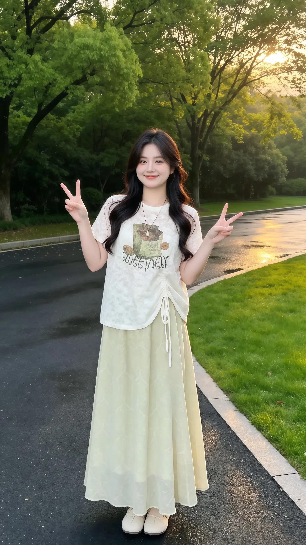 草坪拍照穿搭 夏季的白半裙有多百搭 晚风很温柔散步随拍 公园晚风 公园清新穿搭