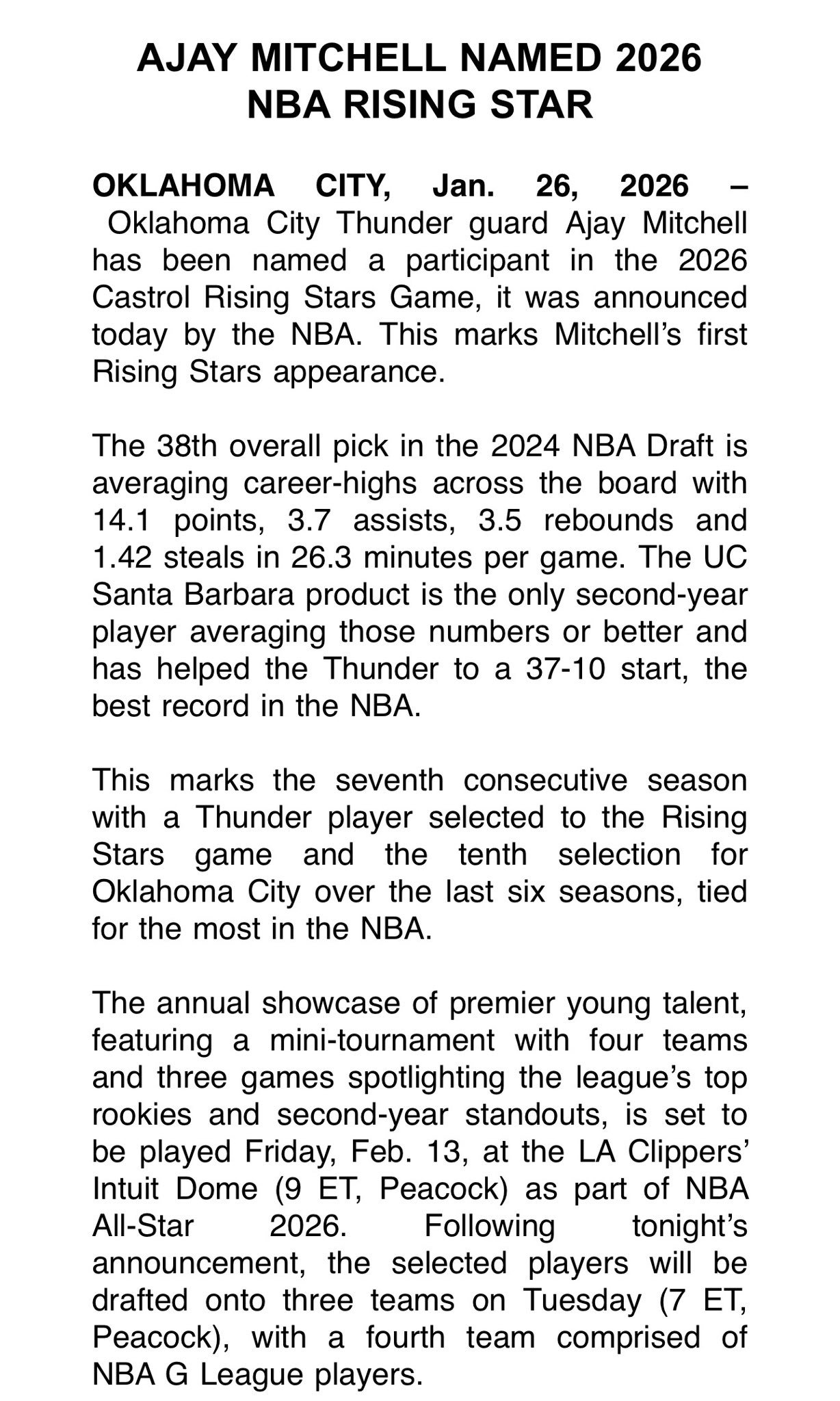 米切尔已入选全明星新秀赛的名单，他将出战2026年的NBA全明星周末。这是雷霆队