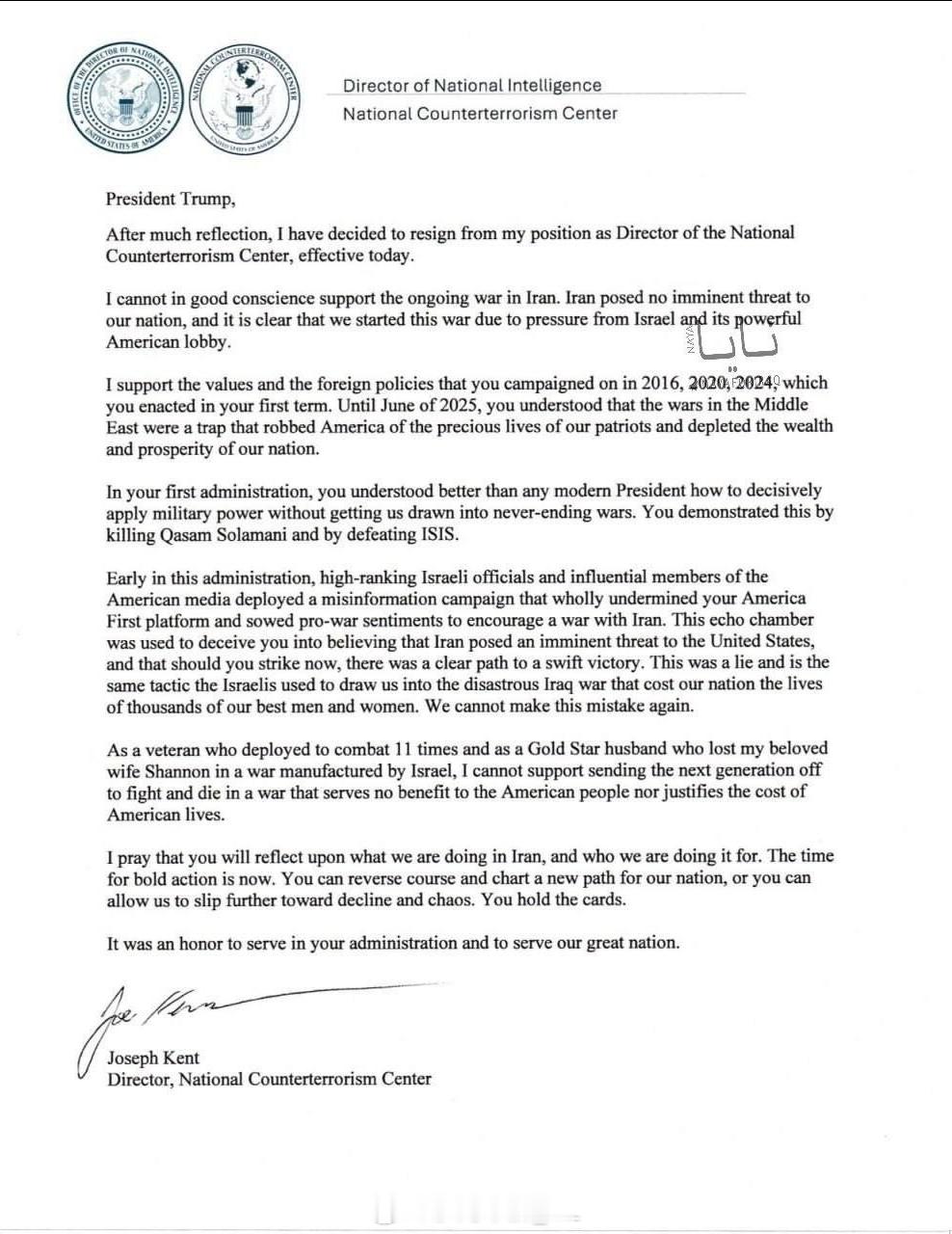 美国反恐中心主任乔·肯特（Joe Kent）表示：“我无法问心无愧地支持目前正在