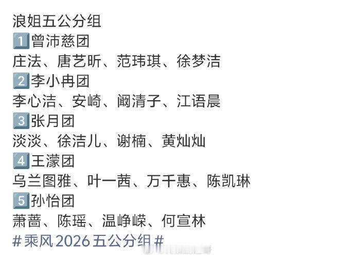 浪姐五公团秀分组五公是这样分组娱乐