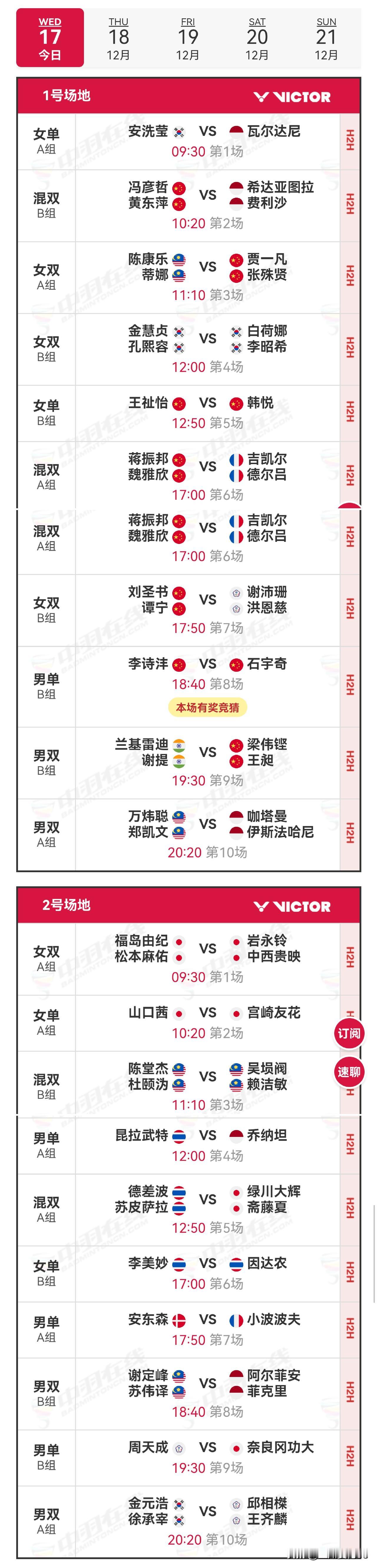 17日赛程2025年世界羽联年终总决赛 
     2025年年终总决赛于17日