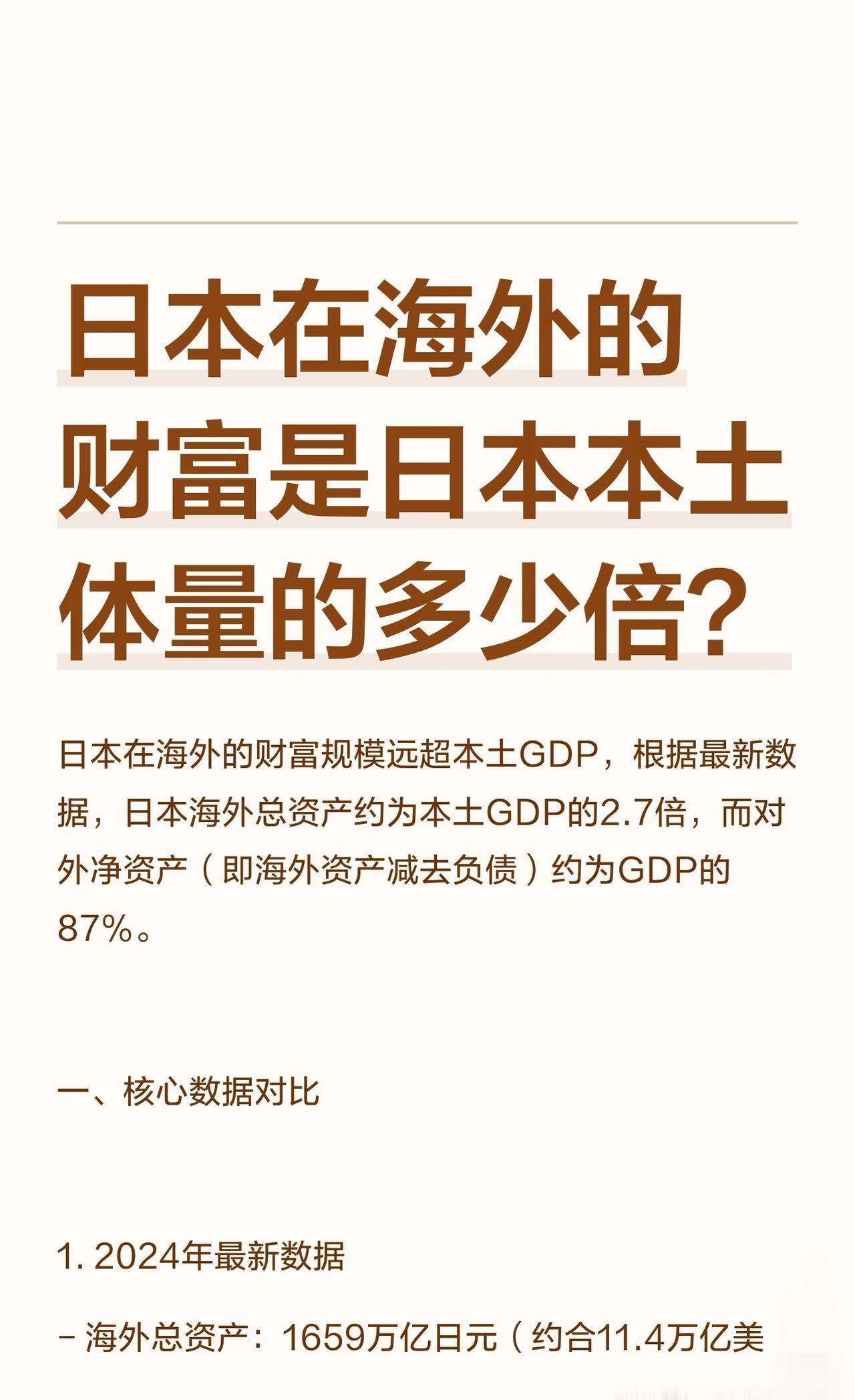日本在海外的财富是日本本土体量的多少倍？
日本海外总资产约为本土GDP的2.7倍