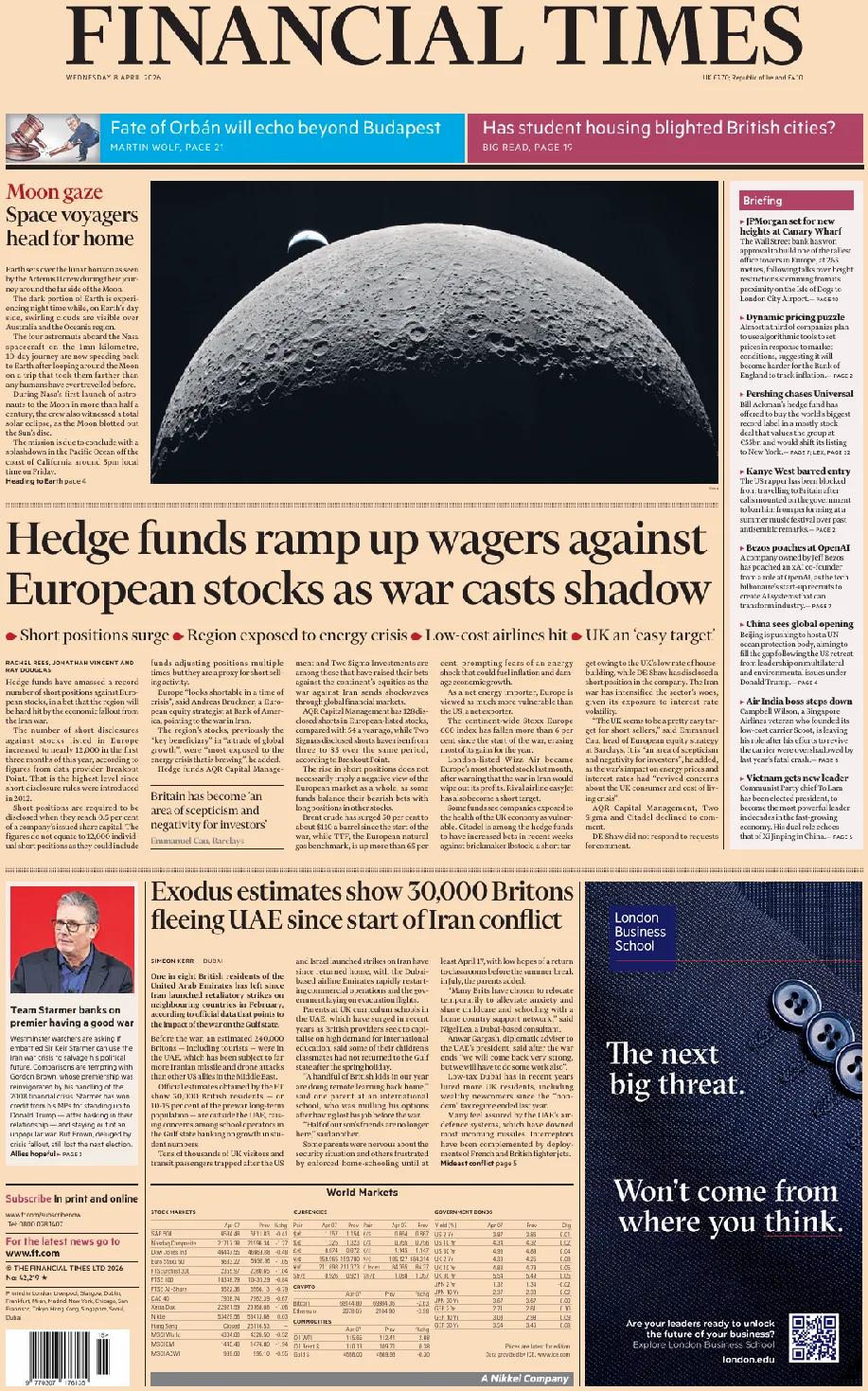 《金融时报》头版报道，对英国来说，随着国力衰退，已经没有登月的实力，也不可能实现