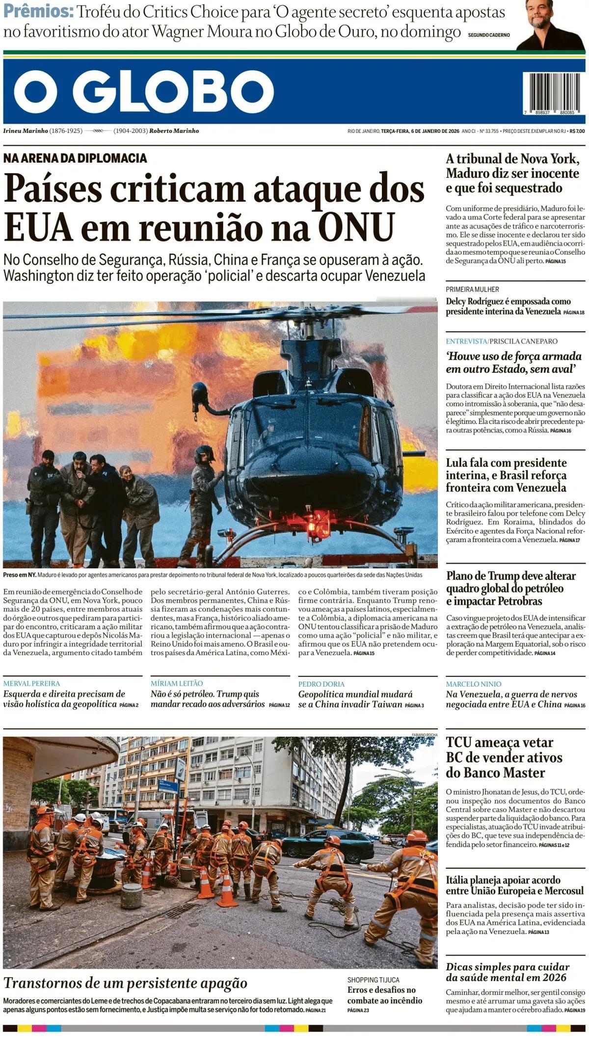 巴西《环球报》头版报道，在世界的外交舞台 ，各国在联合国会议上批评美国的攻击行动