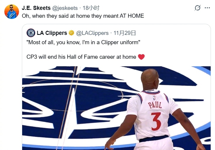 洛杉矶快船 快船在11月29日曾发布视频致敬保罗，并附文说：“CP3会在家里结束