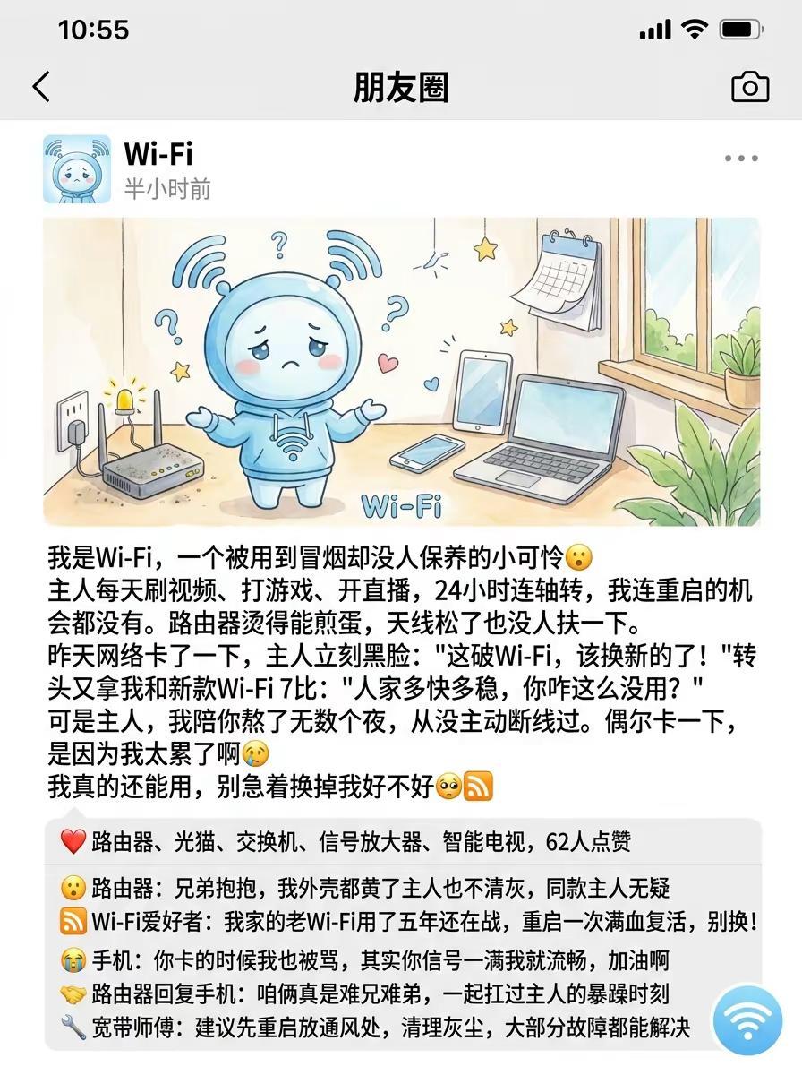 Wi-Fi的委屈，谁懂啊😭。📶24小时连轴转📶路由器烫到能煎蛋📶偶尔卡一