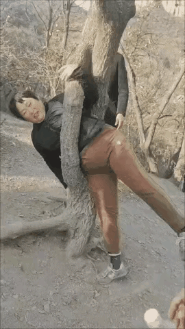 这大妈也太淘气了，好好的一颗树，中间有个岔路口，大妈就不信这个邪，硬是钻了进去，