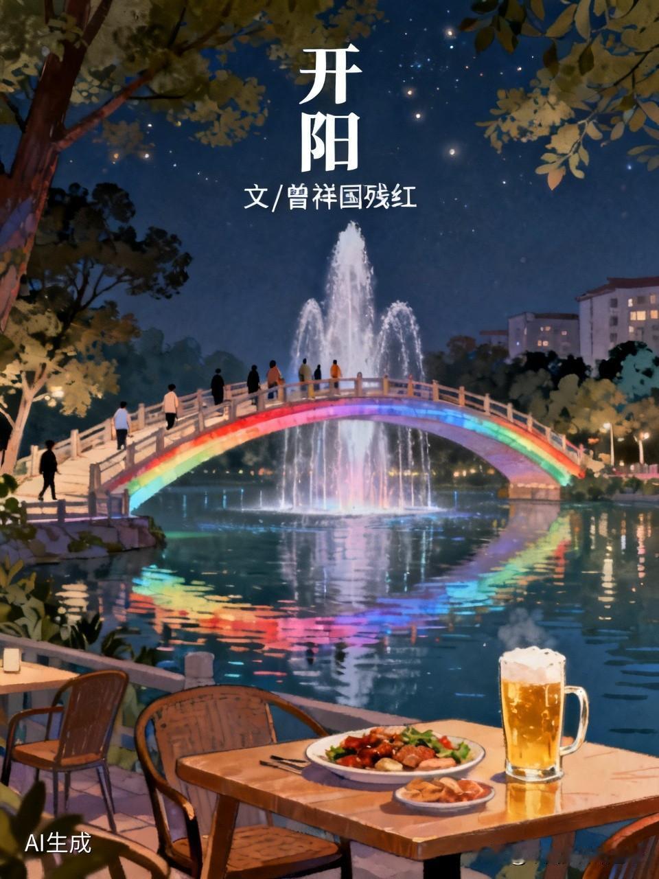 开 阳
文/曾祥国残红
东湖走一圈，彩虹桥停一下，音乐喷泉坐一坐
最后美食城来一
