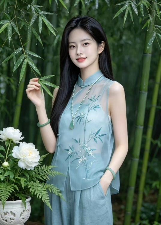 清新竹林间，少女轻纱舞