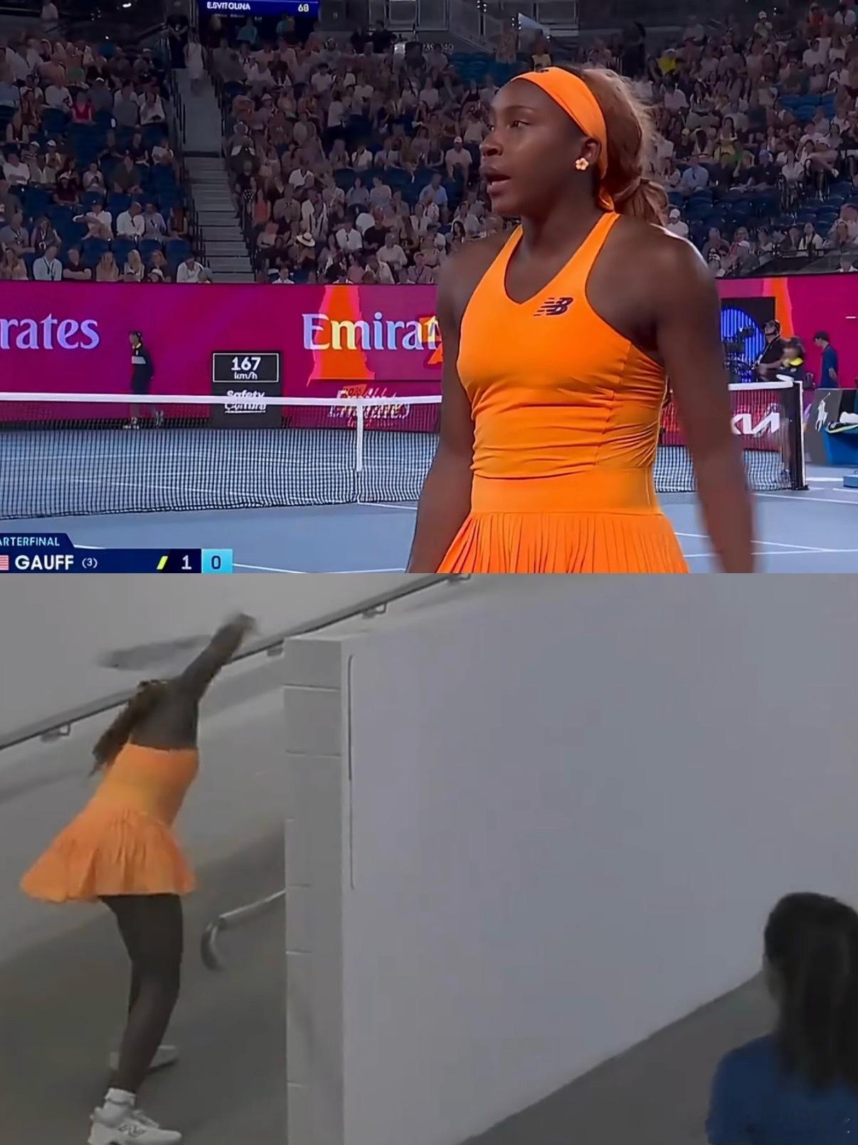 高芙赛后摔拍澳网脆败斯维托丽娜无缘四强，高芙球员通道情绪崩溃砸断球拍，引发体育精