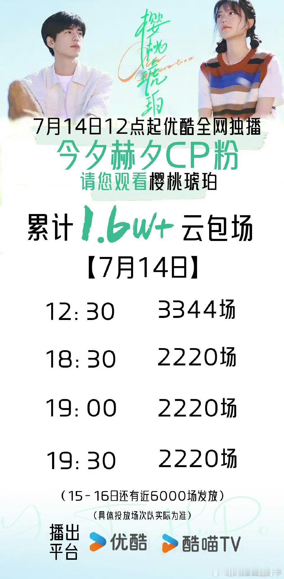 cpf今夕赫夕 也来助力樱桃琥珀开播了，预计有1.6w➕云包场，就在明天中午一起