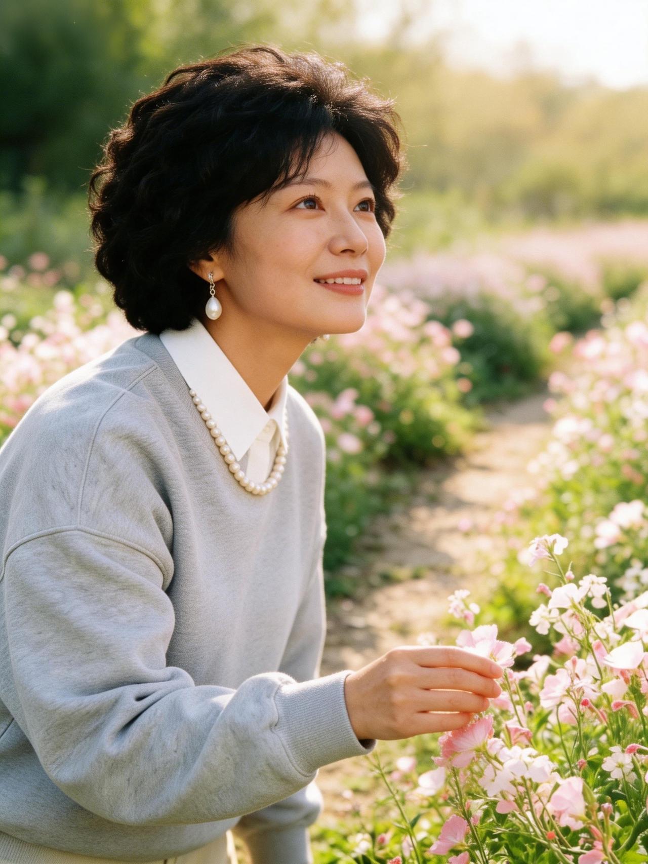 一位女士在花丛中微笑，真美啊。