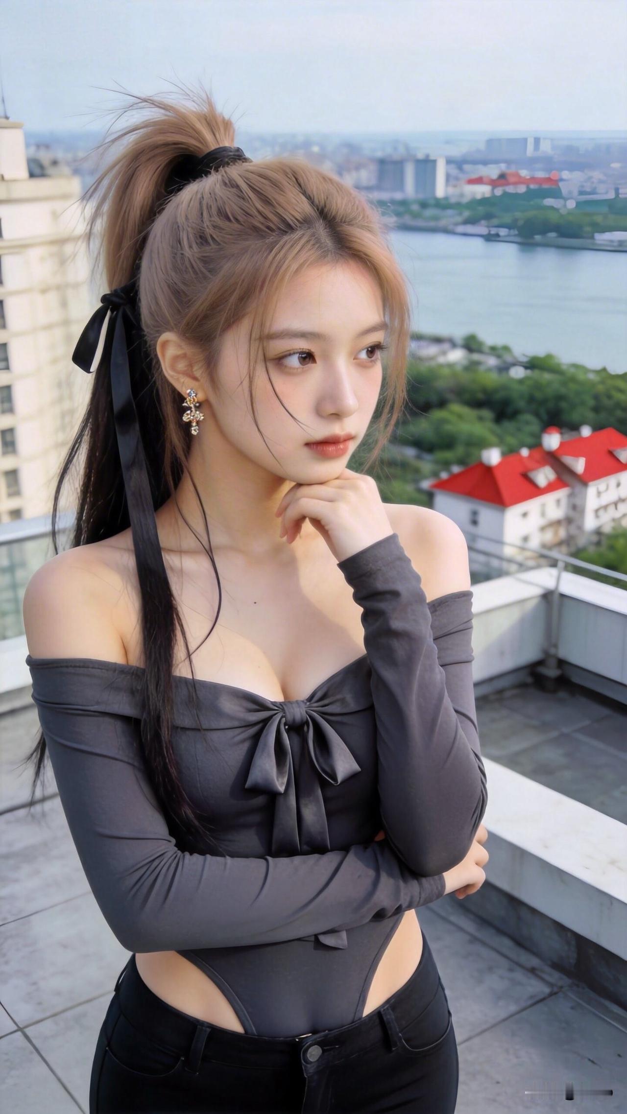 都市少女风，优雅气质，城市天际线背景，时尚穿搭