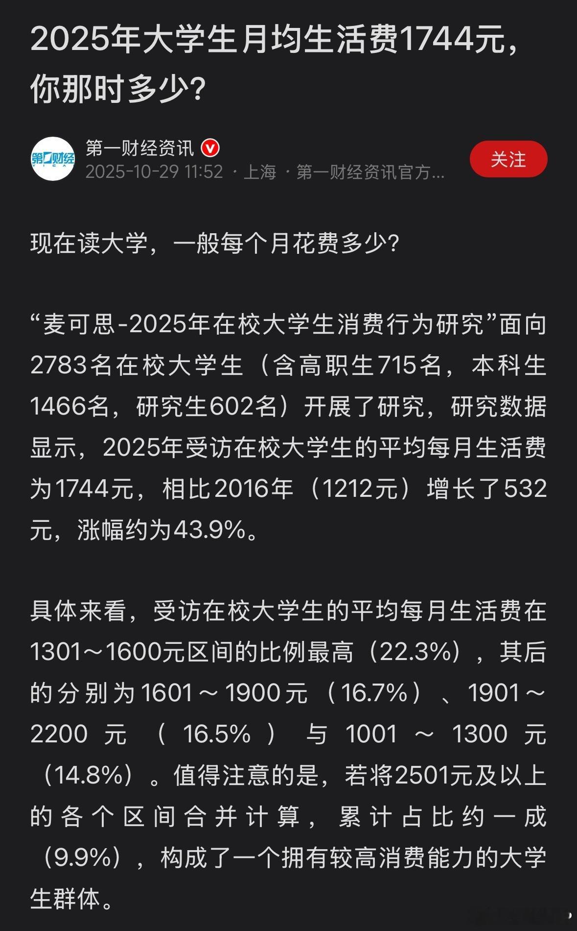 2025年大学生月均生活费1744元 我那会也就1000到1500，你们呢[捂嘴