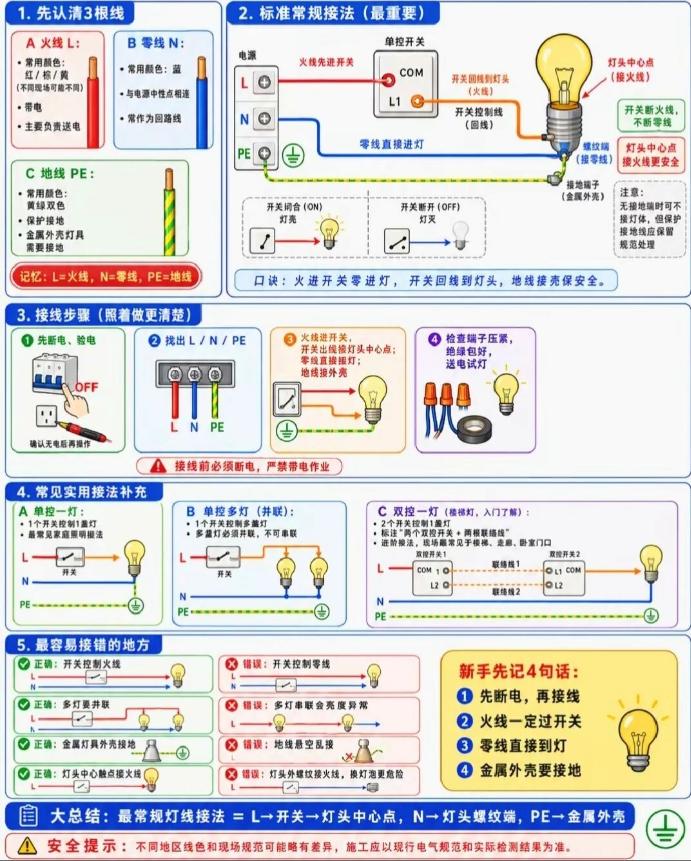 家里接灯总跳闸？老电工手绘“接线脑图”：火线零线地线，一张图全讲透！
🔴 火线