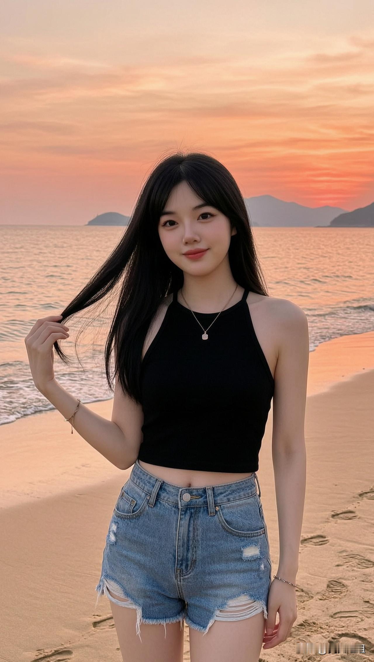 海边日落，少女轻抚发丝，温柔时光
