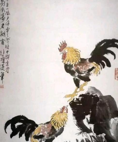 1947年除夕，徐悲鸿为挚友刘金涛作画，刚画完两只公鸡，突然停电了。一时间没办法