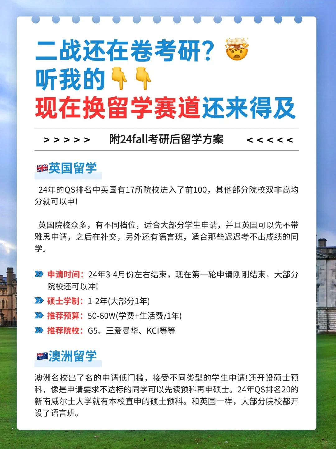😭考研不理想，现在转换留学赛道还来得及❗️