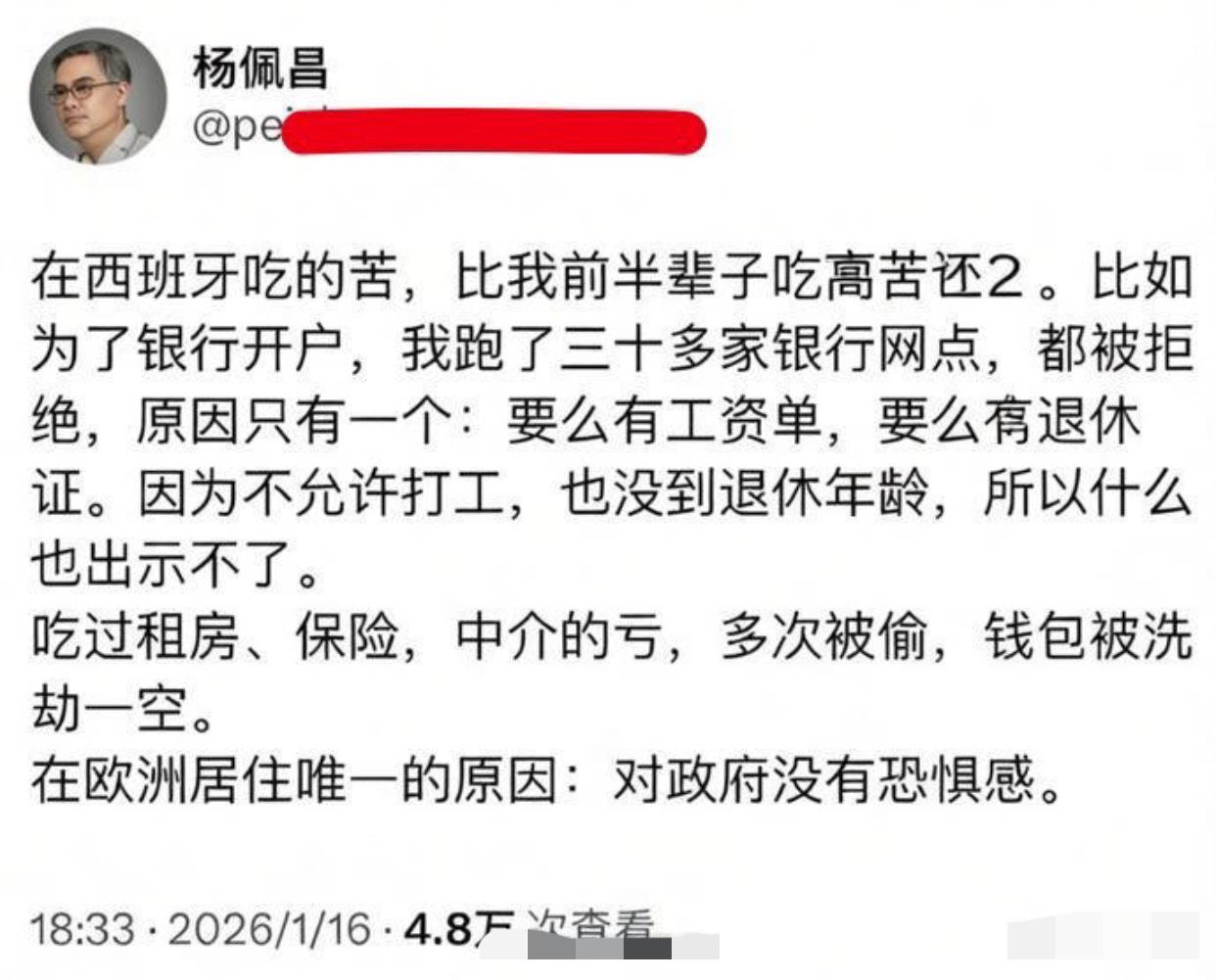 在国内曾任北京大学精细化管理研究中心副主任的杨佩昌，润到欧洲西班牙后，抱怨称：“