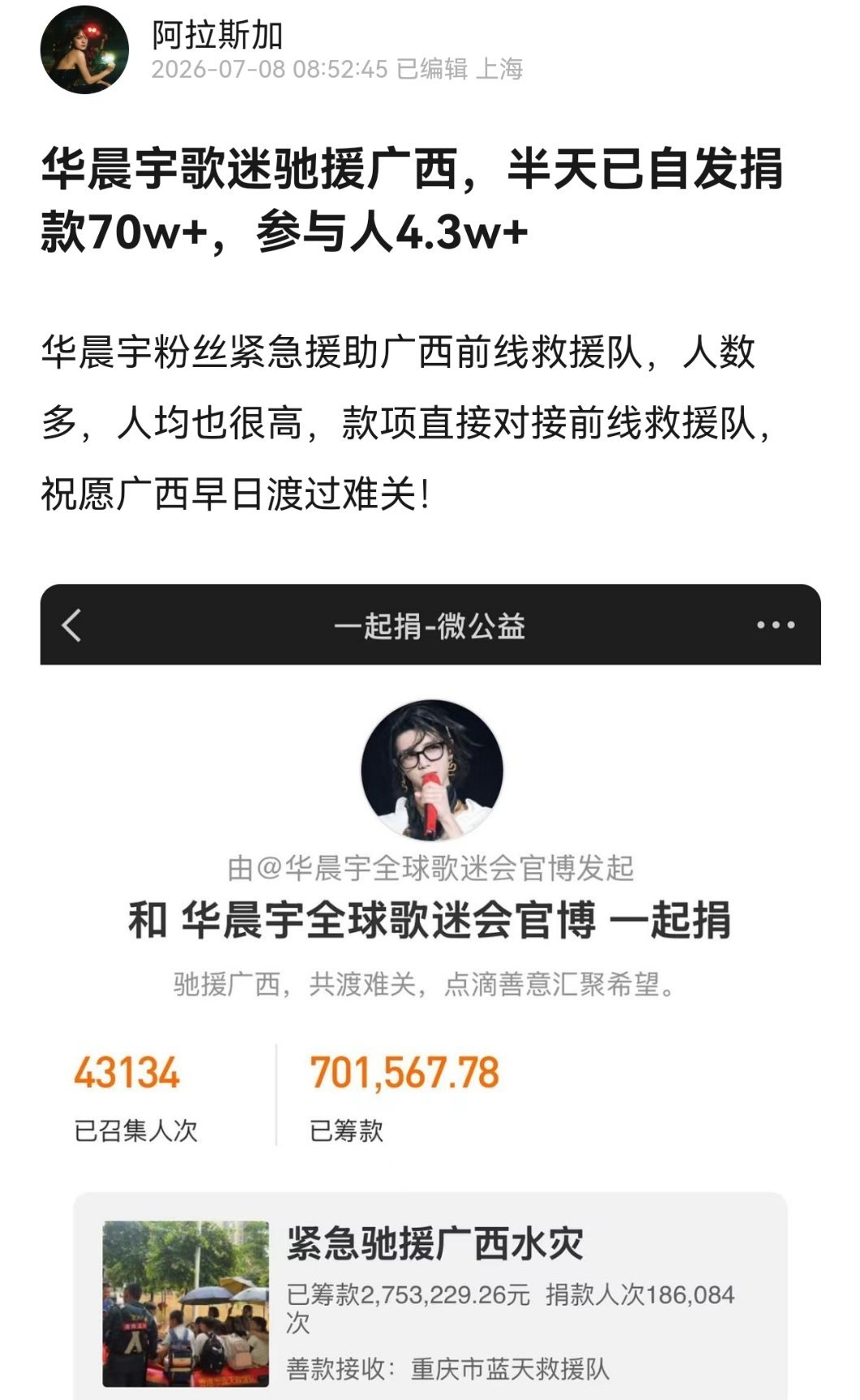 华晨宇粉丝向洪涝灾区发起捐款，专项援助前线救援队，半天号召捐献70w+，超过4.