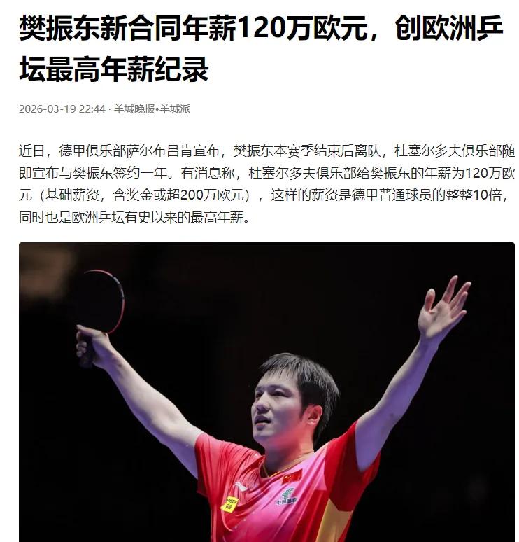 樊振东在新东家杜塞尔多夫俱乐部，一年能拿到多少薪水？

樊振东已经官宣下赛季转投