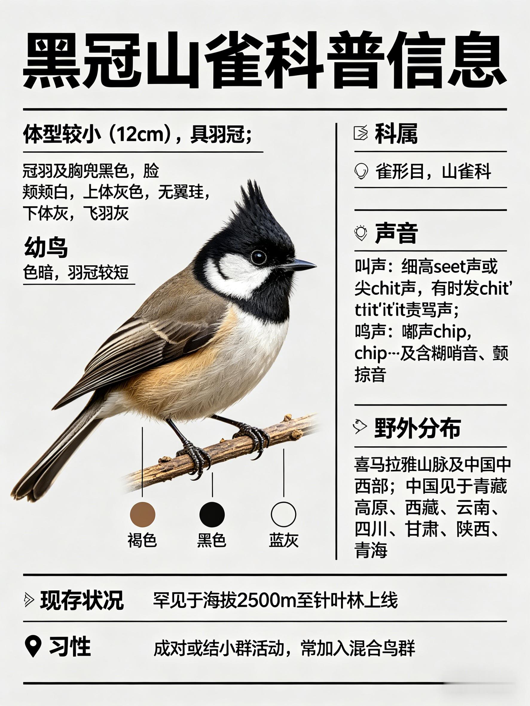 鸟类朋友图鉴 黑冠山雀·科属：雀形目，山雀科。·外形特征：体型较小（12cm）而