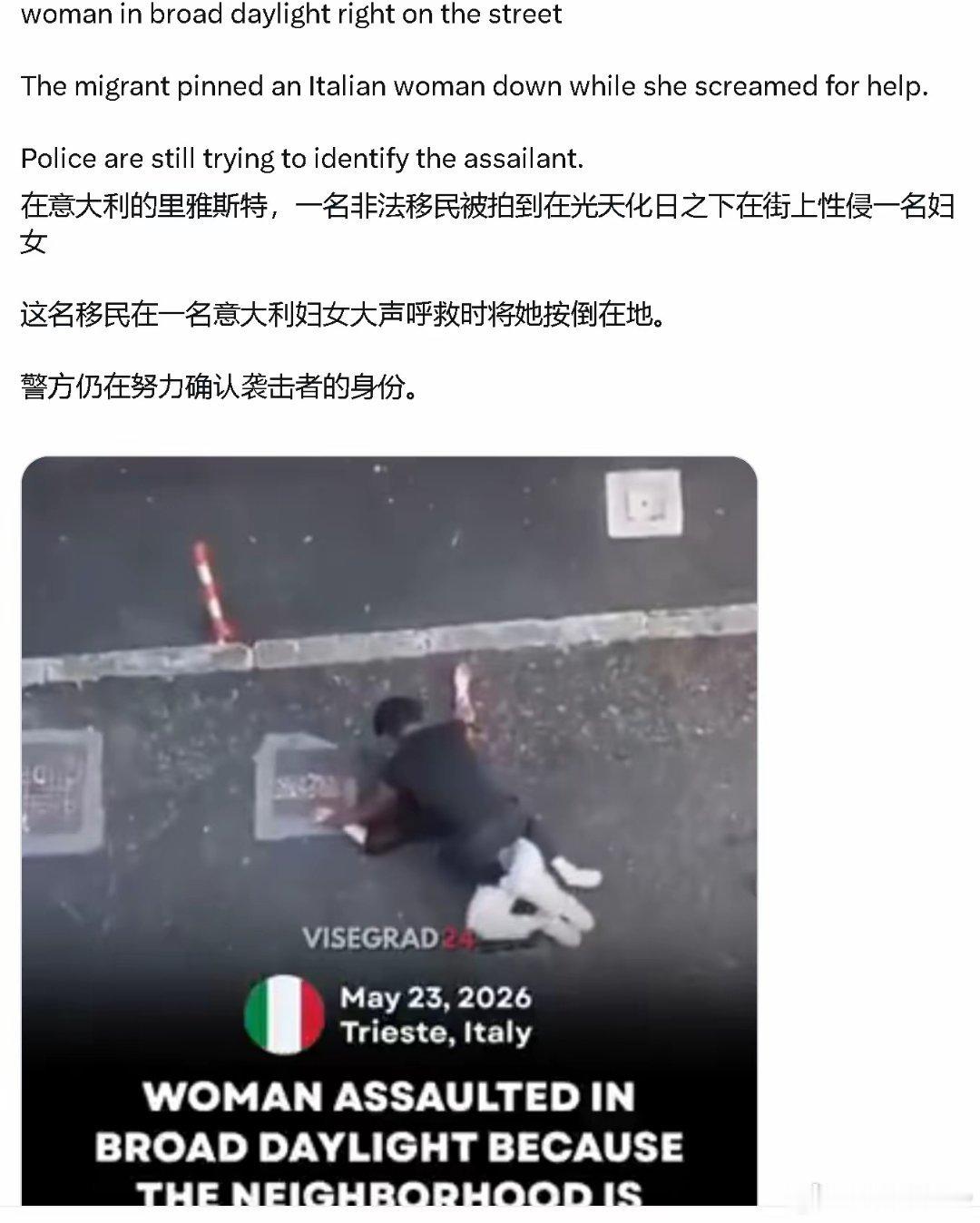在意大利，一名非法移民被拍到在光天化日之下在街上性侵一名意大利妇女，这名移民在一