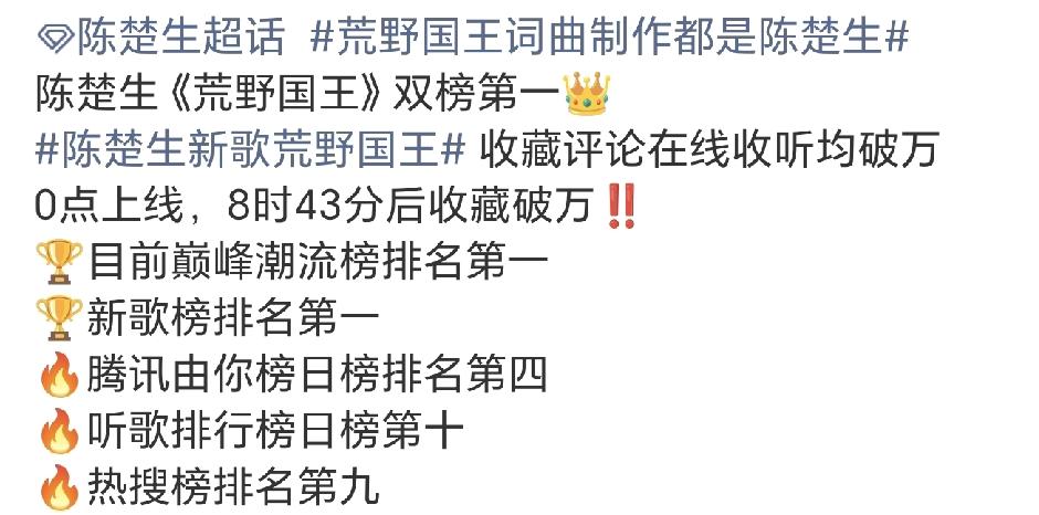 陈楚生新歌《荒野国王》发布，这是又开始闯荡Rap界了！
荒芜之境演唱会马上开始了