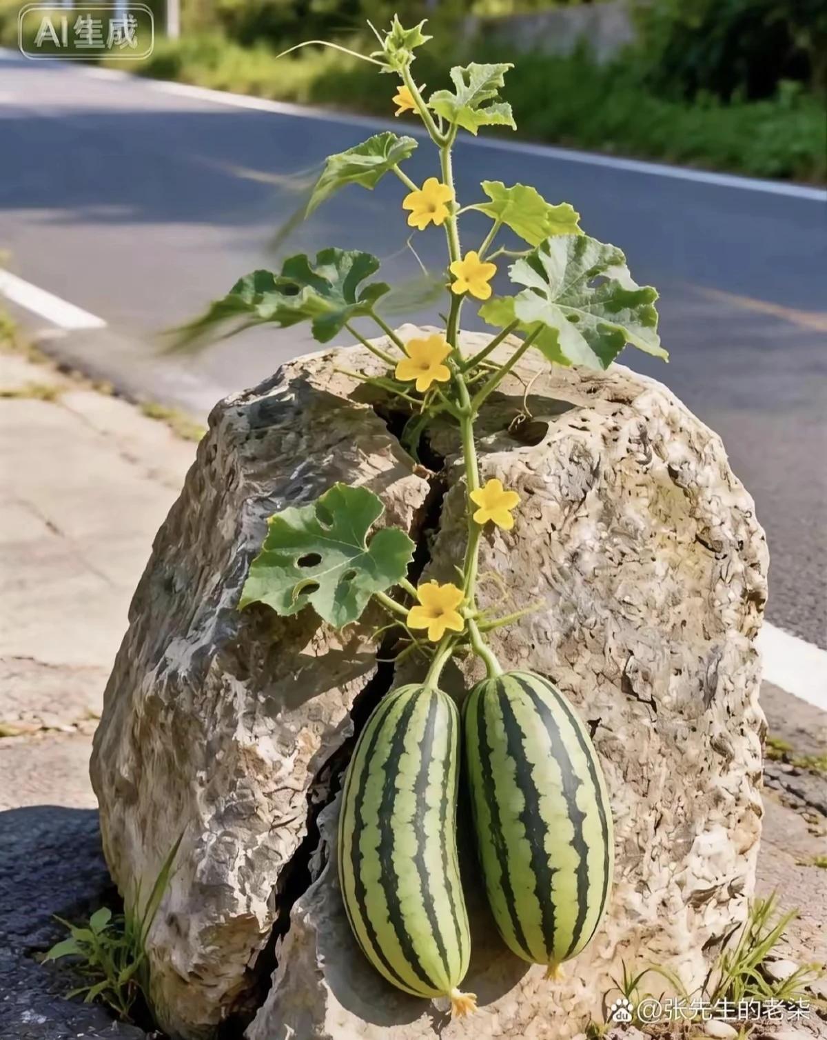 石头缝里一瓜秧，
开出花来色金黄。
结了俩瓜一个样，
孪生兄弟心向阳。