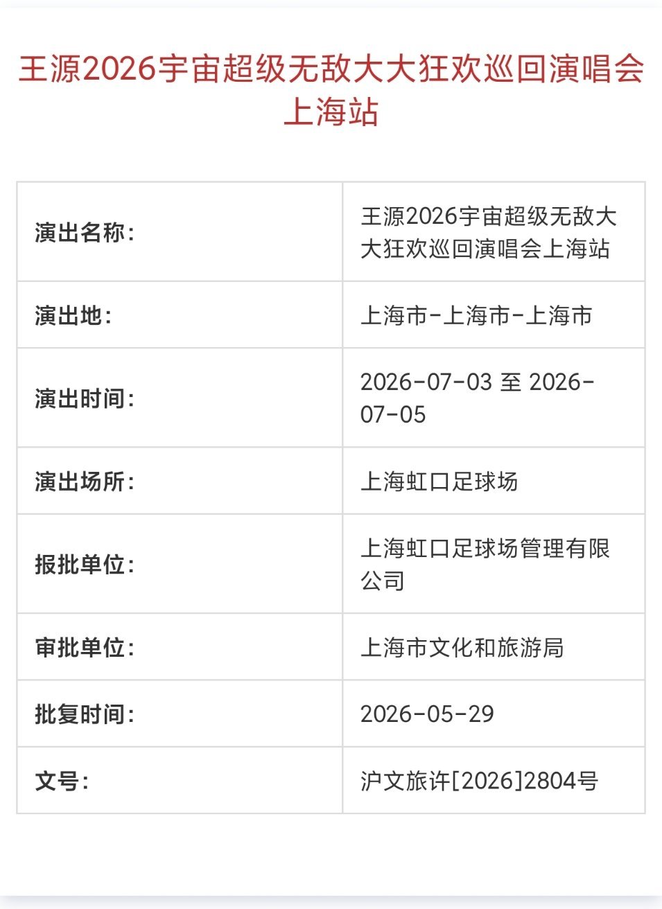 王源王源宇宙超级无敌大大狂欢巡演王源2026时颂辰安 上海站审批更新 连续狂欢3