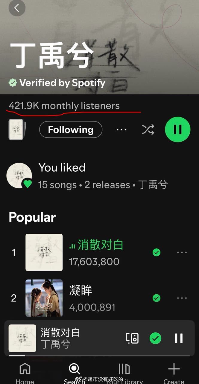 丁禹兮Spotify 月度听众🈶42w+! 评论区都在问新歌什么时候也能同步上