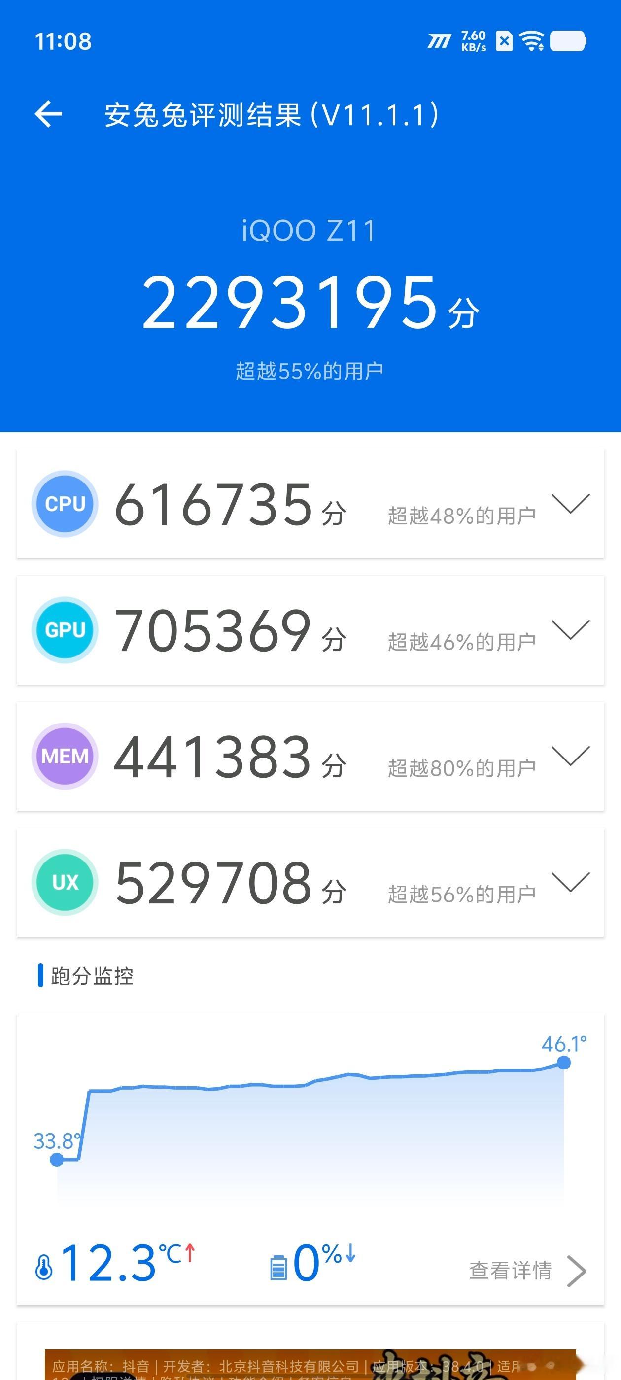 iQOO Z11室温下跑了下分，16GB+512GB版本，229.3万分，符合满