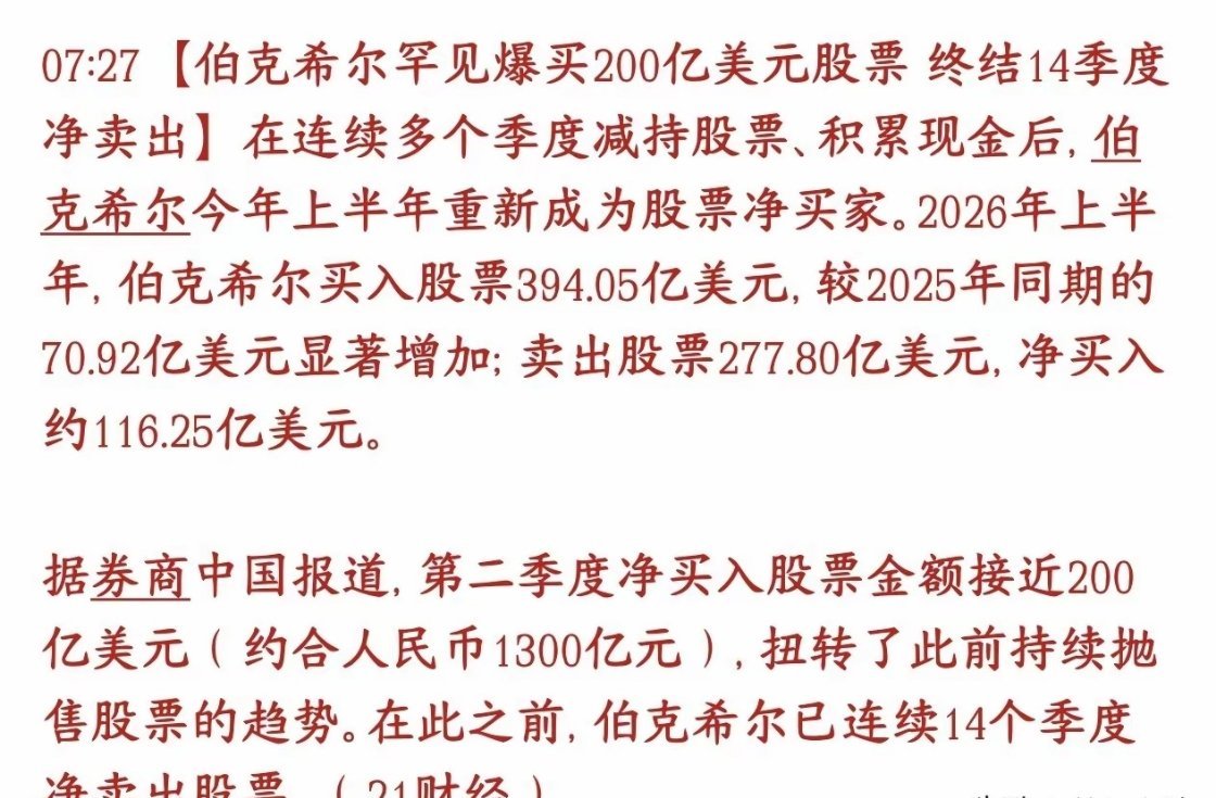 股市中长线布局机会又来了？伯克希尔结束卖盘，开始买股票伯克希尔（巴菲特的公司）之