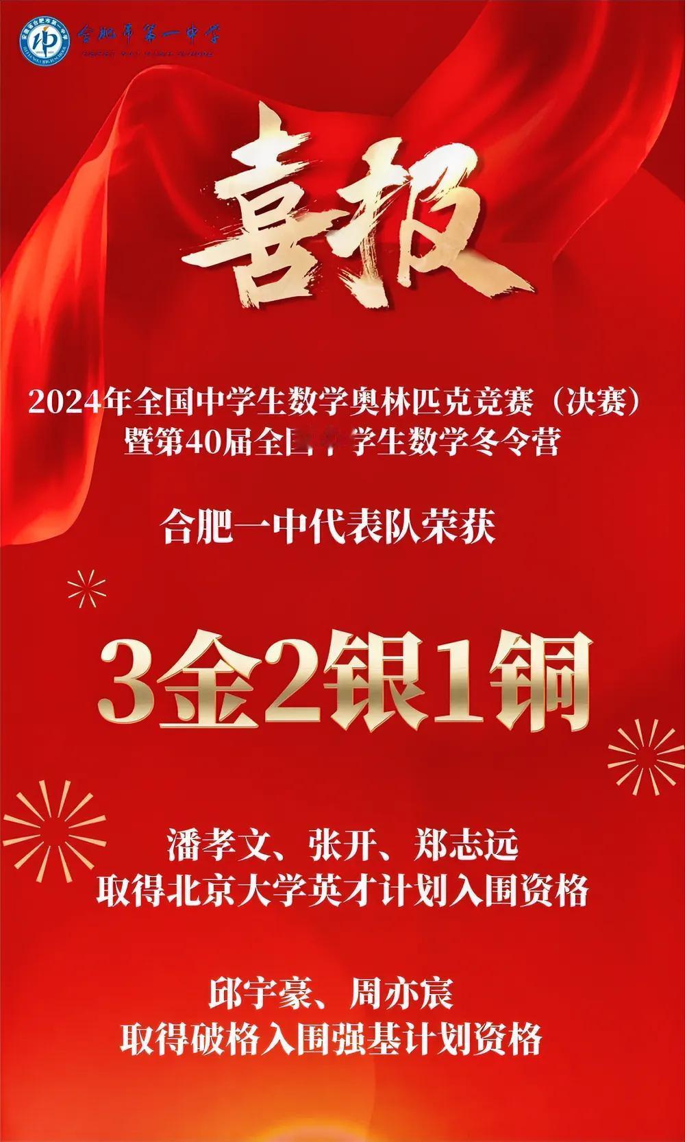 热烈祝贺合肥一中数学竞赛
三名同学获得北京大学英才计划
2名同学获得强基计划破格