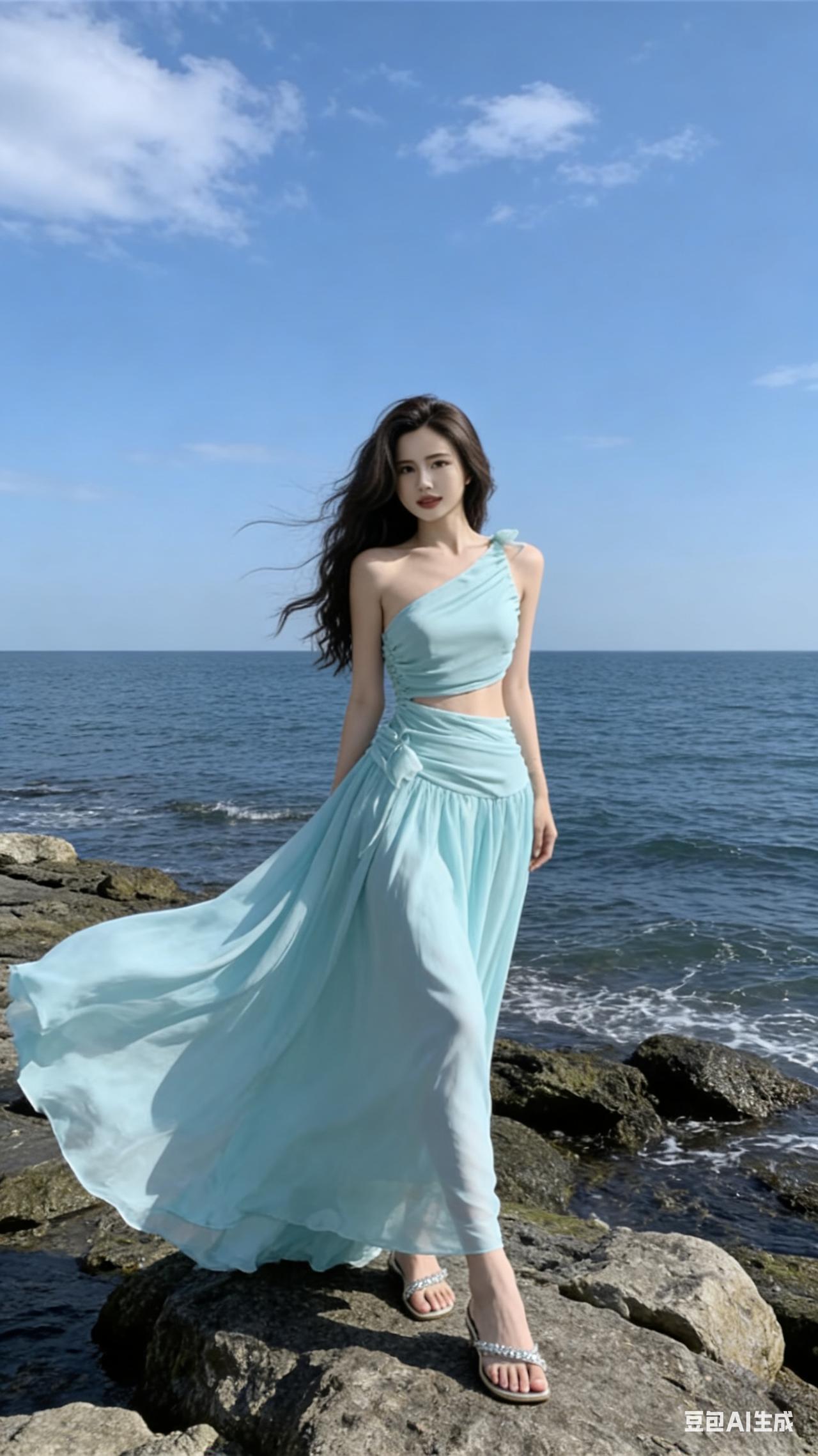 海边漫步，轻盈飘逸的蓝绿色长裙，海风轻拂，自在悠然。
浅绿鸢尾度假裙 
海边氛围